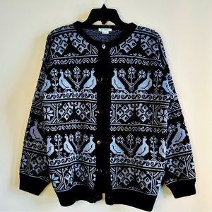 Esprit Navy Blue Norwegian Style Cardigan, Pheasant Bird Design, Medium